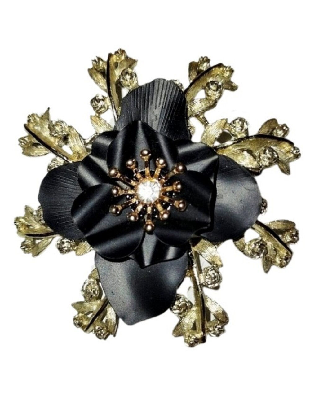 Vintage Black Flower on Gold Brooch Upcycled